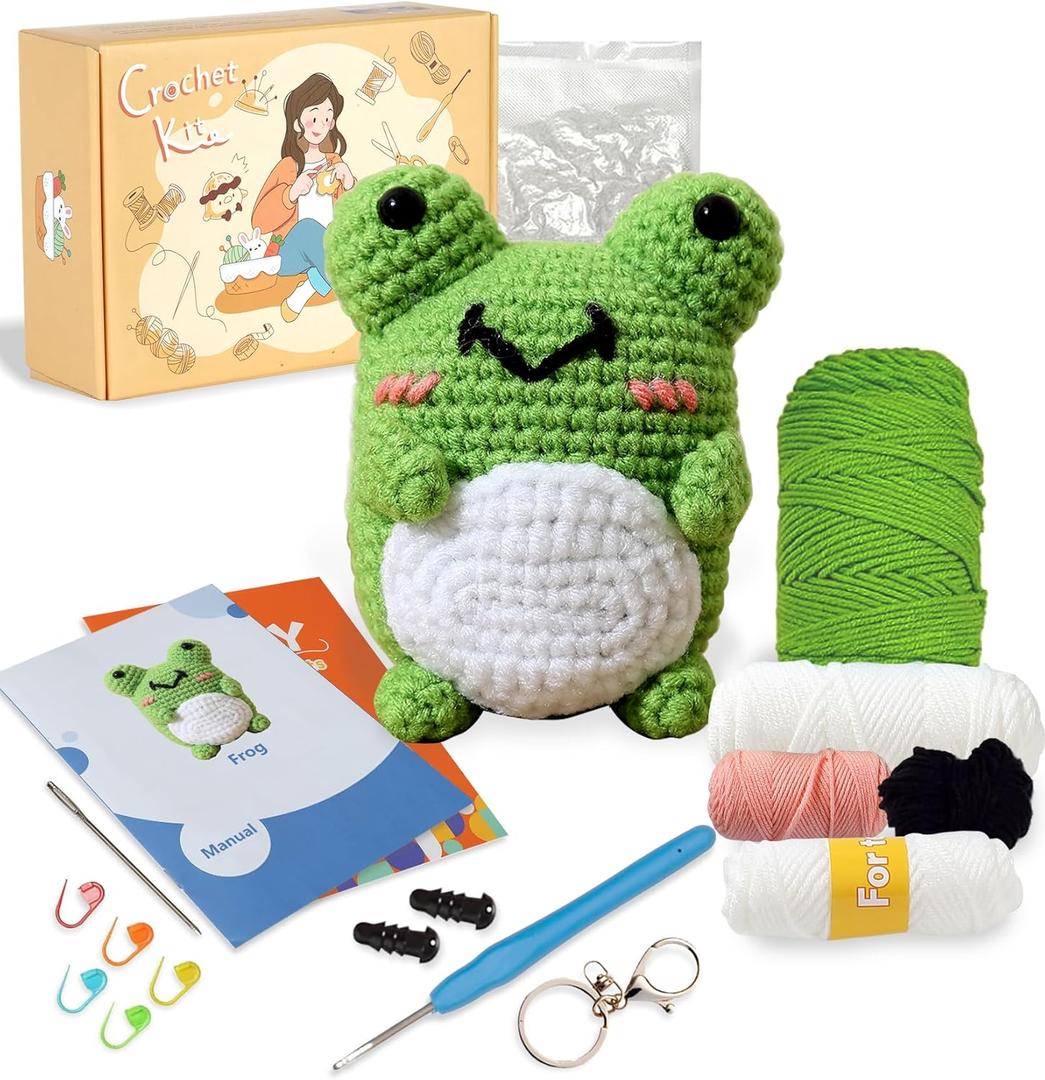Ktmeor Crochet Kit for Beginners,Crochet Animal Kit for Beginners, Crochet Starter Kit with Step-by-Step Video Tutorials,DIY Knitting Supplies for Adults,40% Extra Practice Yarn-Frog