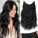 KooKaStyle Invisible Wire Hair Extensions with Transparent Headband Adjustable Size 4 Secure Clips Long Wavy Secret Wire Hairpiece for Women (16 Inch, Black/1B#)