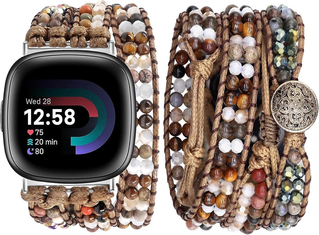 JR.DM Boho Beaded Band Women for Fitbit Versa 4/Versa 3/Sense 2/Sense Brown Stone Bracelet Adjustable Handmade Braided Rope Watch Strap Smartwatch Replacement Wristband