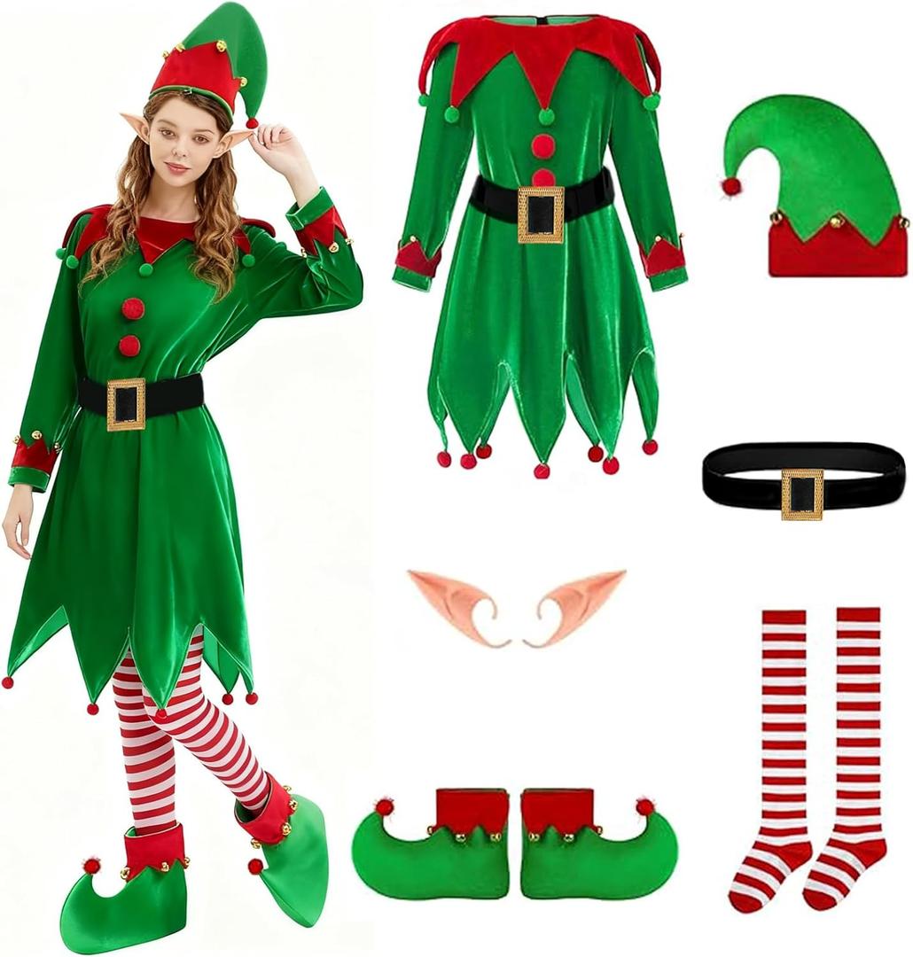 Women Christmas Elf Costume: 6-Pack Set Cute Velvet Dress with Accessories Hat Ears Shoes Belt Socks Xmas Party Outfit (XX-Large)