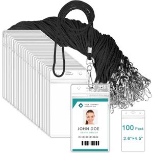 Marspark 100 Pieces Lanyard with ID Holder, Clear Plastic Name Tags Holders and Black Lanyards, Waterproof Resealable ID Card Holders for Office Business Team Workers Volunteers Supplies (Black)