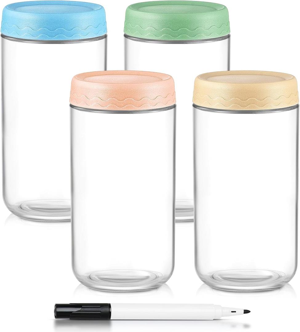 DRKIO 24 Oz Overnight Oats Containers with Lids - 4 Pack Glass Storage Jars with Airtight Lids Wide Mouth Mason Food Jars Great for Meal Prep Salad Chia Pudding Snacks Yogurt Sugar Spice Cereal
