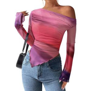 PRETTYGARDEN Womens Fall Trendy Off Shoulder Y2k Tops 2025 Tie Dye Mesh Long Sleeve Shirts Asymmetrical Ruched Floral Blouse (X-Small, Multicolour Print)
