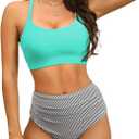 Women's High Waisted Bikini Sets Sporty Scoop Neck Cross Back Bathing Suit Two Piece Swimsuits for Women (Large)