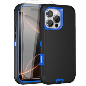 JGS for iPhone 16 Pro Case 6.3", Military Grade 3 in 1 Heavy Duty Shockproof/Drop Proof Case with 2 PCS Tempered Glass Screen Protector (Black Blue)