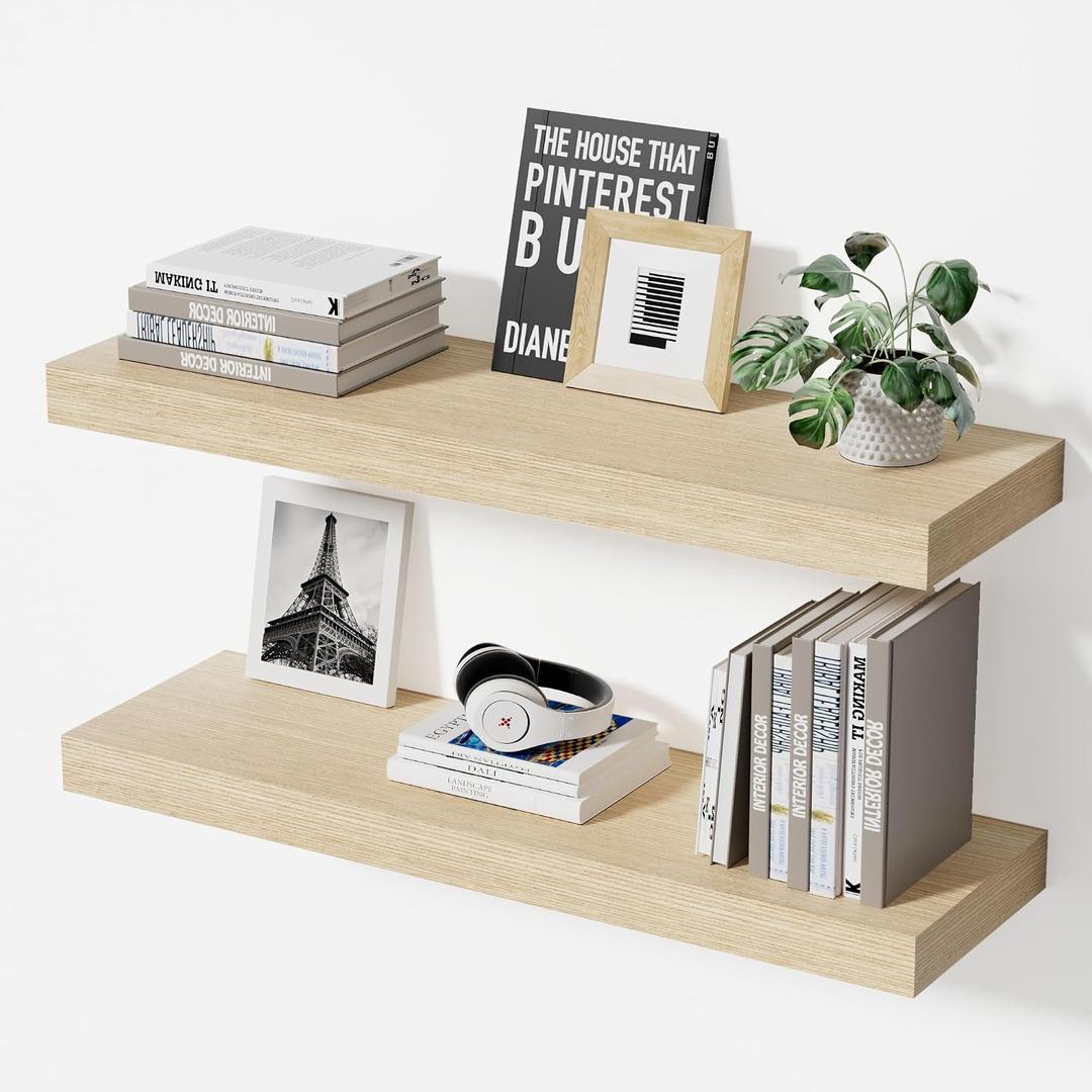 Floating Shelves for Wall, 24" Wall Mounted Shelves, Rustic Farmhouse Decor & Storage for Bathroom, Kitchen, Living Room, Dining Room, with Invisible Brackets, Set of 2, Oak, 23.6"