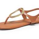 Coutgo Womens Flat Sandals Comfortale Flip Flops Ankle Strap Summer Beach Shoes with Metal Decoration, Brown, size 7