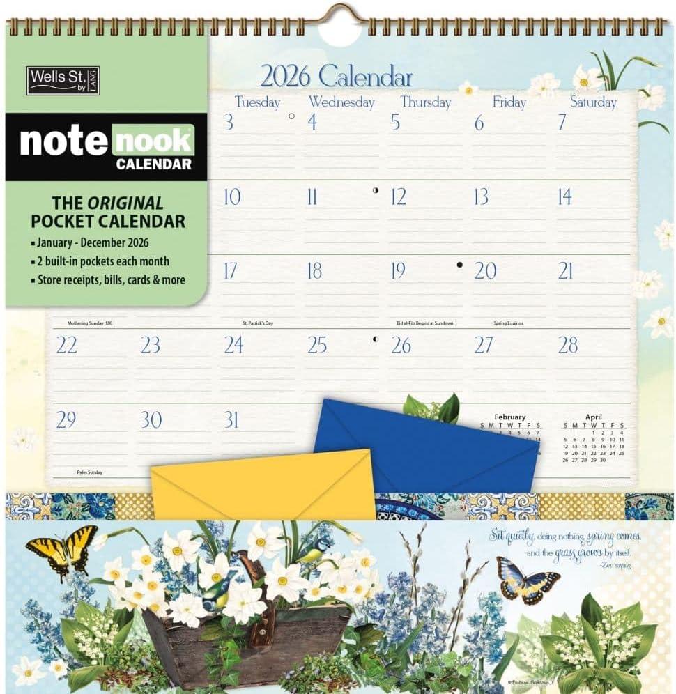 WSBL Botanical Gardens 2026 Note Nook Wall Calendar  12-Month Organizer Calendar with Dual Storage Pockets, Floral Artwork by Barbara Anderson, 12  12.125