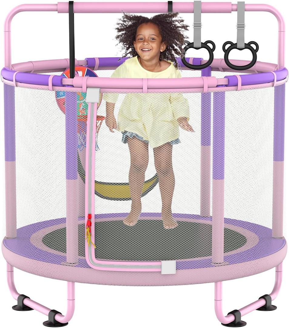 LANGXUN 60" Trampoline for Kids, 5ft Toddler Mini 6-in-1 Trampoline Indoor Outdoor with Swing, Basketball Hoop, Dart Board, Rings, Christmas Toys Birthday Gifts for Girls Boys