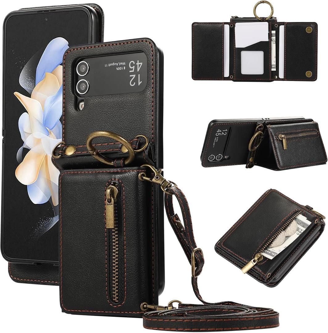 Compatible with Samsung Galaxy Z Flip 4 5G 2022 Wallet Case and Crossbody Shoulder Strap Ring Buckle Hinge Protection Stand Card Holder Phone Cover for ZFlip4 Z4 Flip4 4Z Women Girls Men Black