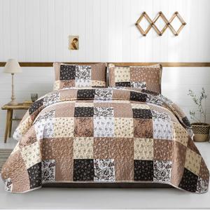 Mybedsoul Brown Patchwork Quilt Set California King Size,3 Pieces Khaki Floral Plaid Reversible Bedspread Coverlet Set for All Season,Summer Soft Microfiber Bedding Set 96"x 106"
