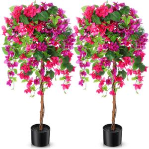 Giegxin 4 ft Bougainvillea Artificial 2 Pcs Artificial Bougainvillea Tree with Flowers in Plastic Pot Tall Floor Plant Faux Blooming Tree Large Fake Plants for Outdoor Indoor(Red Purple)