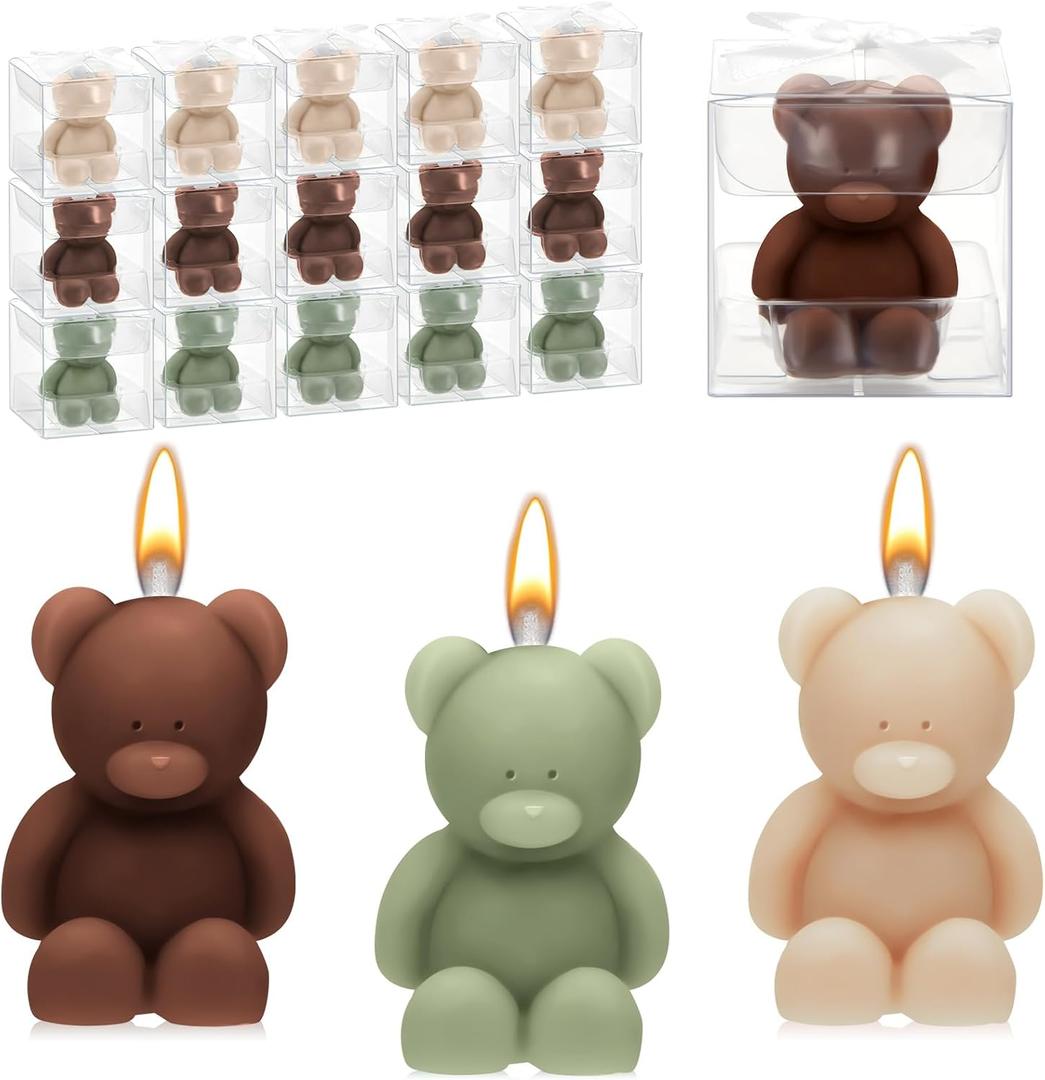15 Pcs Bear Baby Shower Candle Favors for Guest Bear Party Favors Baby Shower Candles Bulk for Gifts Party Decorations (Light Brown,Dark Brown,Green)