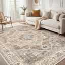 9x12 Washable Area Rug: Vintage Neutral Soft Non Slip Thin Large Floor Carpet for Living Room Bedroom Kitchen Dining Room Home Office Farmhouse Indoor - Beige Brown