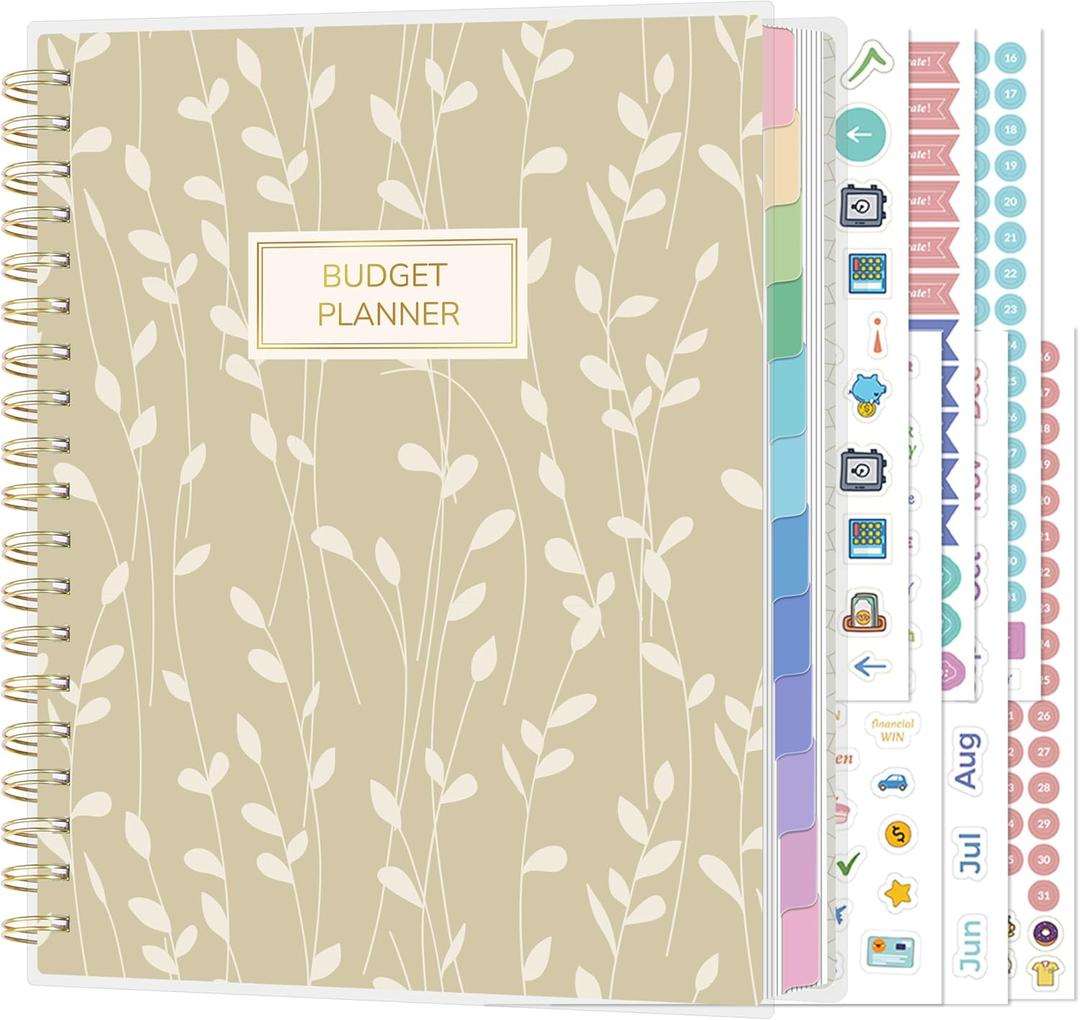 SUNEE Budget Planner - Deluxe Monthly Budget Book with 12-Pockets for Bill Organizer, Undated 12 Month Expense Tracker Notebook & Account Book B5 Size (8" x 10") to Manage Your Finance Planner, Vine