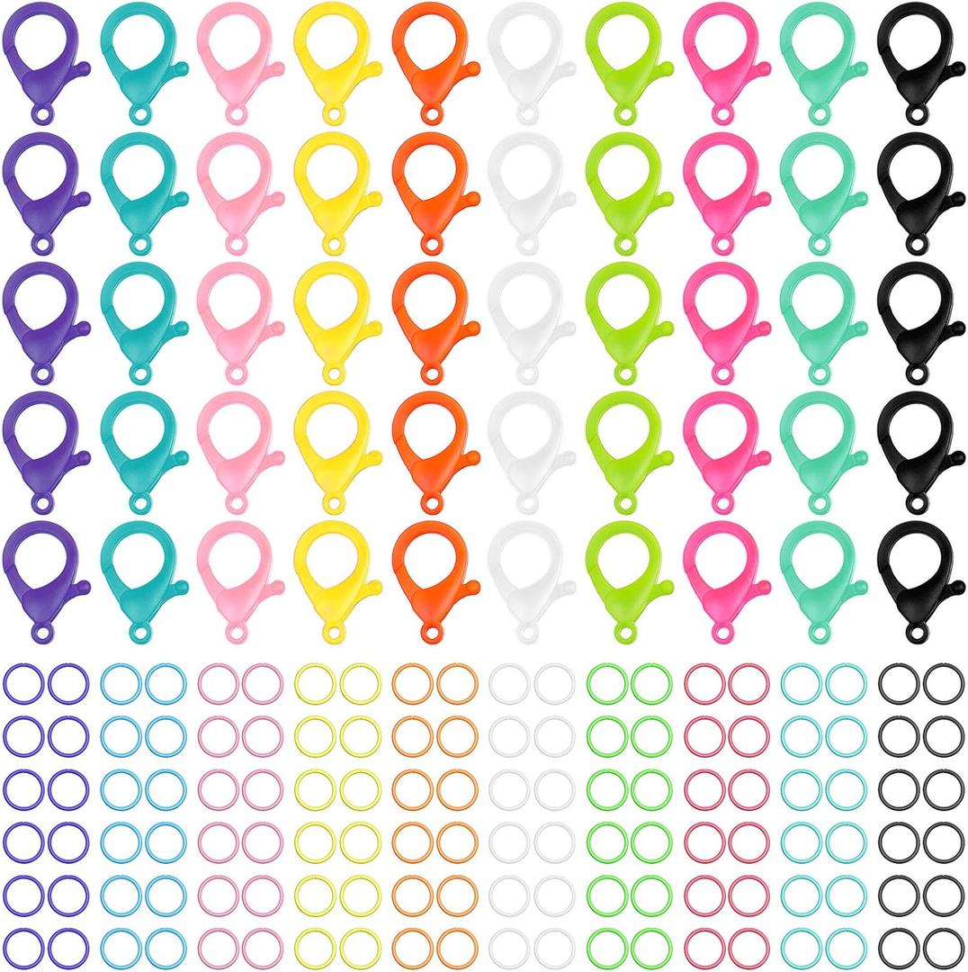 Multicolor Hard Plastic Clips Plastic Lobster Claw Clasps and Open Jump Rings, Cute Lanyard Snap Hooks for Key Chain Ring Chain Clasp DIY Handmade Crafts (100 Pieces)