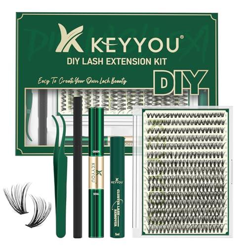 KEYYOU Lash Extension Kit DIY 300Pcs Lash Clusters Kit 40D 0.07 D Curl 9-18MIX Eyelash Extension Kit Individual Lashes Kit with Lash Bond and Seal, Lash Tweezers and Remover for Self Use