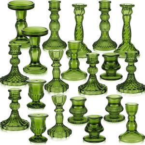 Mumufy 20 Pcs Glass Crystal Taper Candle Holders Clear Glass Candlestick Holder Fit 0.8 Inch Candles Crystal Decorative Candle Stand Centerpiece Table Wedding Dining Party(Green)