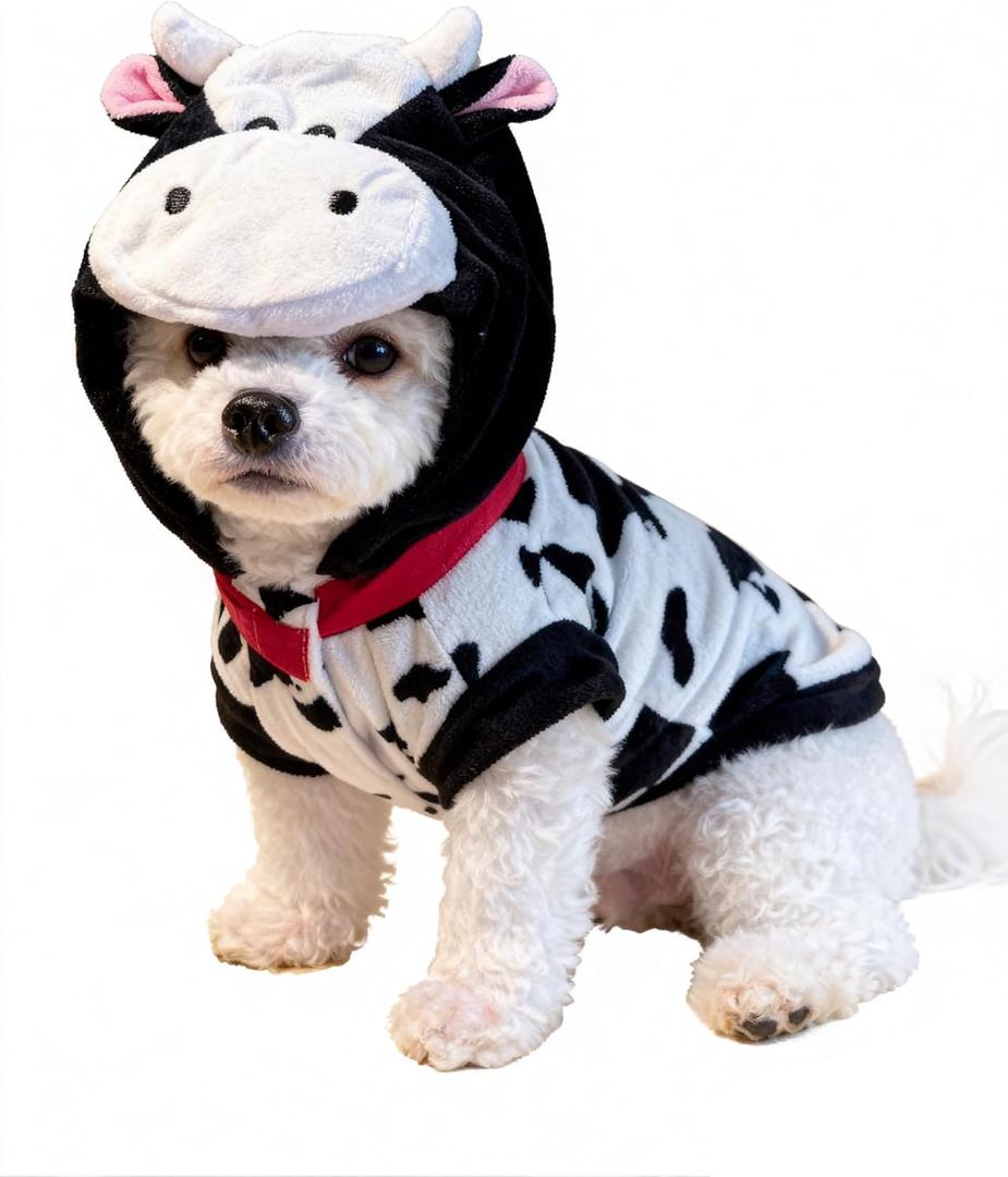 Pet Costume for Small Dogs Cats,Halloween Hoodies Winter Puppy Coat Outfits Funny Pajamas Clothes for Christmas Party,Cow L (L(Bust: 17.72 inch))