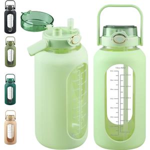 SIEROZUR 74 oz Glass Water Bolttles with Straw Large Motivational Water Bottle with Handle 2.2L Gallon Water Jug with Silicone Sleeve and Time Marker for Gym Workout (Light green)
