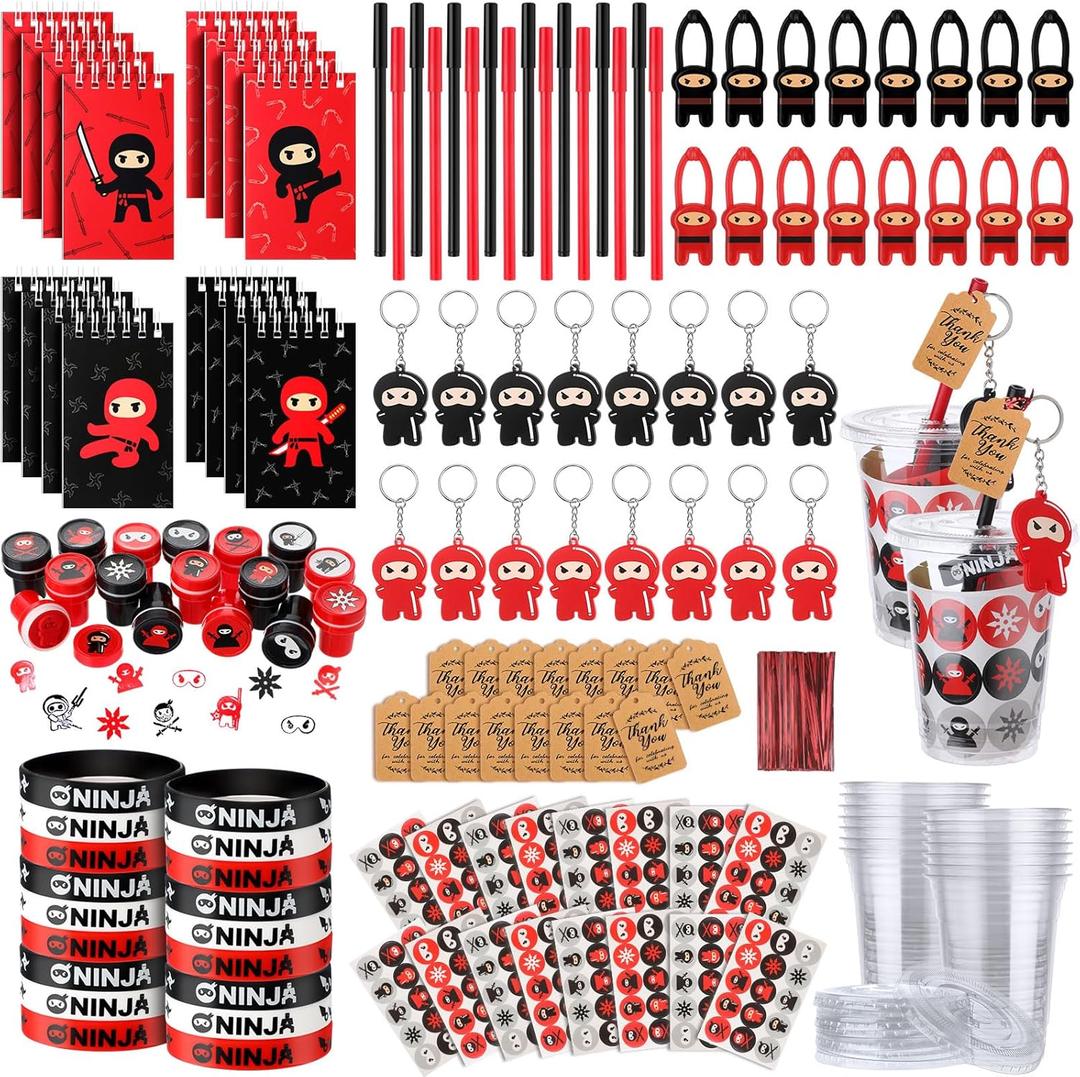 Wettarn 161 Pcs Ninja Party Favors Include Flying Ninjas Notepads Silicone Wristband Key Chains Sticker Stamp Pen Plastic Cups with Lids Thank You Tags for Ninja Birthday Party Decorations (Classic)