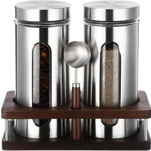 Suclain Stainless Steel Coffee Grounds Canisters with Shelf 2 x 50oz Sugar Coffee Bean Storage Container with Airtight Threaded Lid Glass Window Scoop Kitchen Jar Set for Bar Creamer Nut Tea