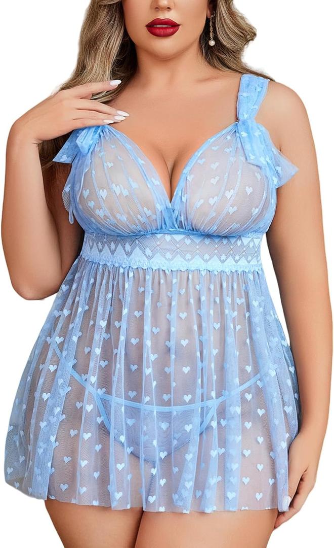Avidlove Plus Size Lingeire for women Lace Babydoll Mesh Chemise Sexy Nightwear Sheer Nightie with Lace Up Bows L-4XL, Blue