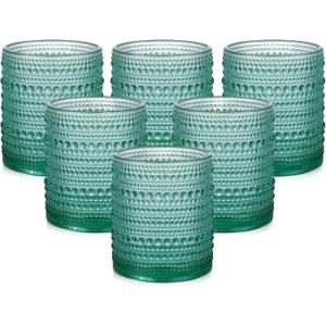Vintage Glassware Drinking Glasses Set of 6,12 oz Hobnail Glass Cups,Embossed Lake Blue Water Tumbler,for Beer,Cocktail,Whiskey,Juice and Various Mixed Drinks- 1 Cleaning Brush
