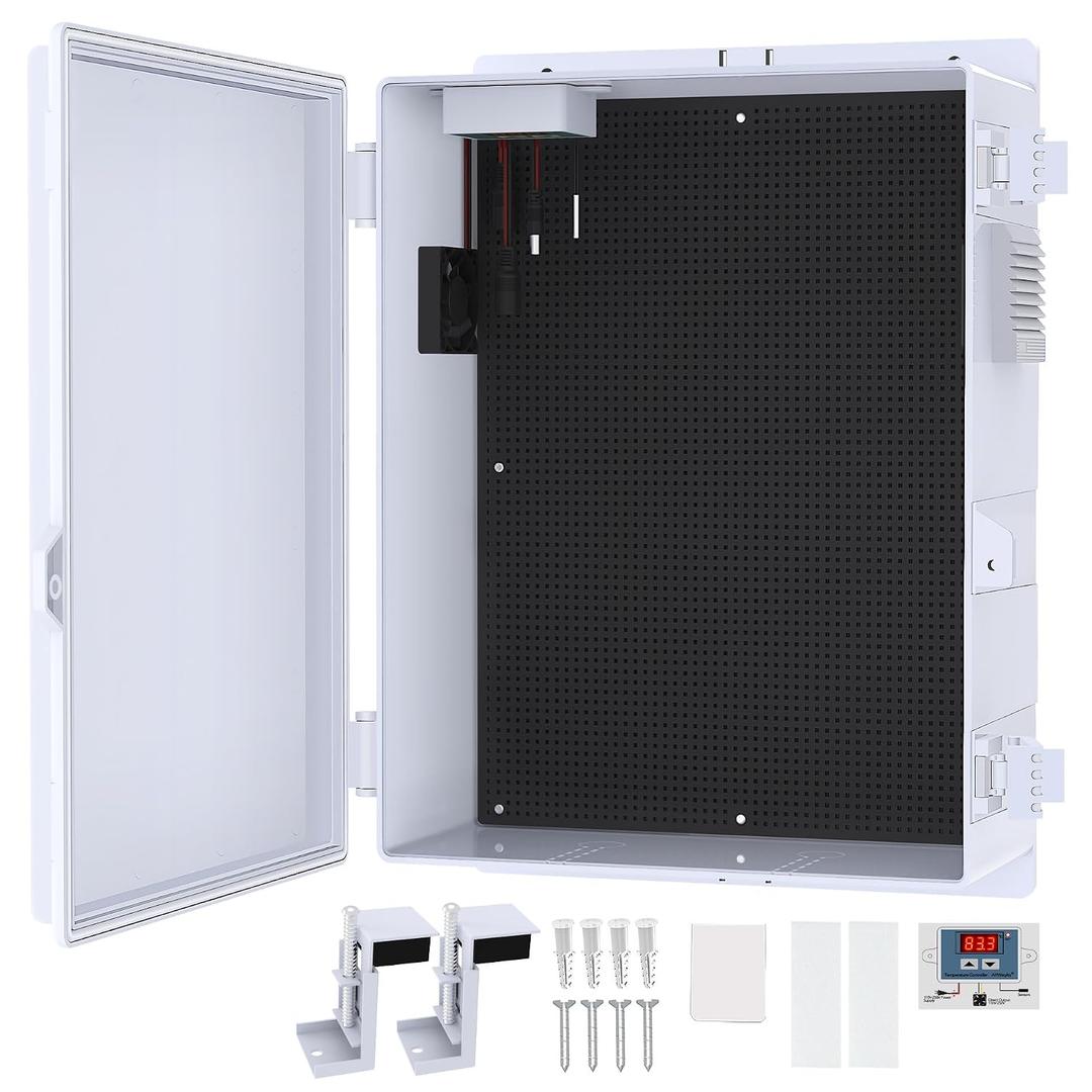 Outdoor Electrical Box, Waterproof Electrical Junction Box IP65 ABS Plastic Enclosure with Fan & Thermostat, Mounting Plate and Hinged Lid (15.7" H x 11" L x 5.9" W)