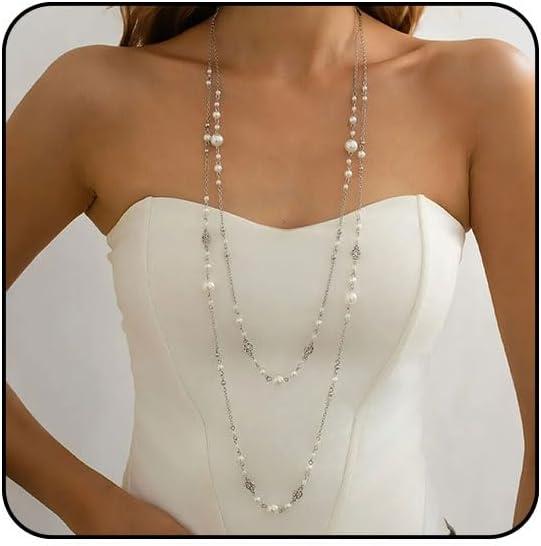 Long Pearl Necklace Layered Necklaces for Women Trendy Long Chain Necklace Dainty Statement Necklaces for Women Sweater Strand Fashion Jewelry