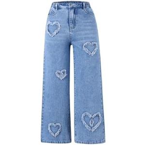 SHENHE Girl's Y2K Heart Applique Elastic High Waist Jeans Wide Leg Loose Denim Pants 10Y
