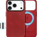 SHIELDON Genuine Leather Case for iPhone 17 Pro 6.3 Inch 2025 | [Updated Camera Button] | Magnetic Wireless Charging, Slim Fit, Non-Slip, Protective Phone Cover with Metal Buttons - Retro Red