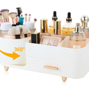 Makeup Organizer Countertop with Drawer 360 Rotating Brush Holder Storage Large Capacity Skincare Cosmetic Display Cases for Vanity Bathroom Desktop, Model 3016 White