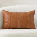 Faux Leather Lumbar Decorative Throw Pillow Cover 12x20 Cognac Brown Modern Farmhouse Boho Small Accent Rustic Home Decor Rectangle Cushion Cases for Couch Bed Sofa Living Room