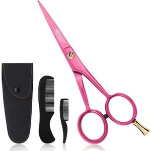 Professional Mustache Scissors, 5 Inches Black Mustache Beard Scissors, German Stainless Steel Beard Scissors for Men with Case, 2 Combs (Special Pink)