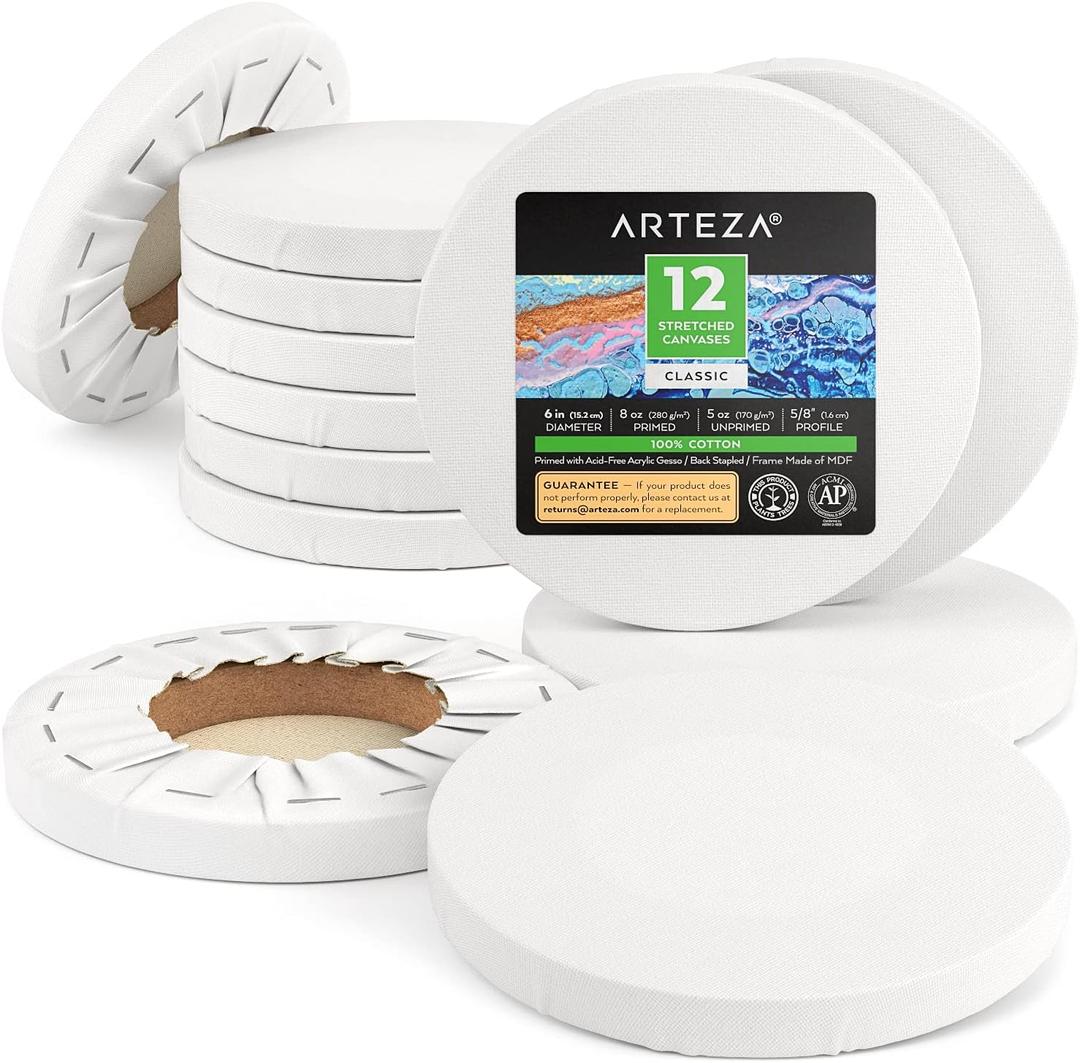ARTEZA Round Stretched Canvas, 6 Inch Diameter, Pack of 12, Blank White Canvas Boards for Acrylic, Oil and Gouache Painting