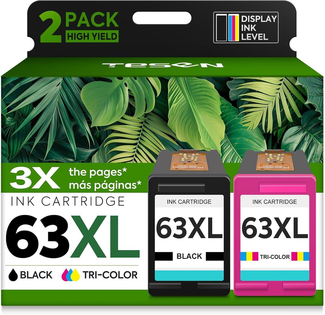 TESEN 63XL Ink Cartridge Replacement for HP Ink 63 HP63 HP63XL Compatible for HP Officejet 4650 5258 5200 3830 5255 4655 4652 5252 Deskjet 3630 3634 1112 Envy 4510 4520 Printer 2-Pack Black Tri-Color