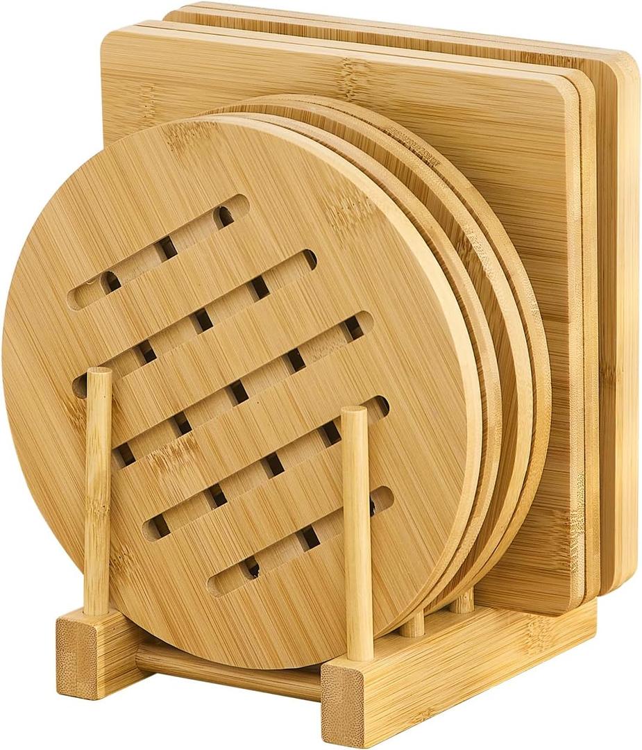 GHWIE Bamboo Trivet with Stand -Heat Resistant Pot Holders for Kitchen,Multi-Purpose Hot Pads,Hot Plate Mats,Medium Stove Mat-Air Fryer Accessories and Trivets for Hot Dishes,4 PCS