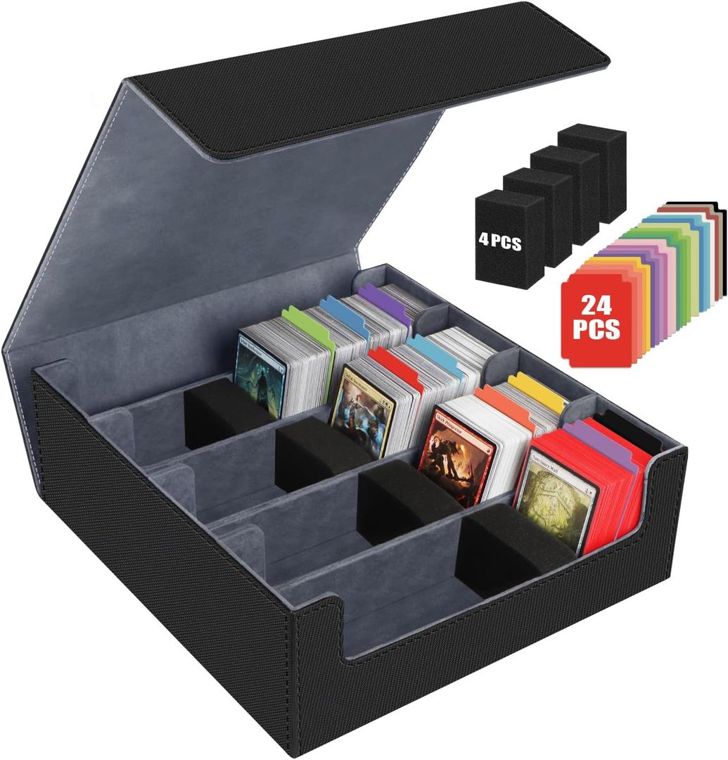 AOBOPLE Trading Card Storage Box,3200+ Card Box Storage with 24 Dividers and 4 Foam Supporters PU Leather Magnetic Cards Deck Case for MTG,TCG, Magic and Sport Cards,Great Gift for Card Collectors (3200+Black Grey)
