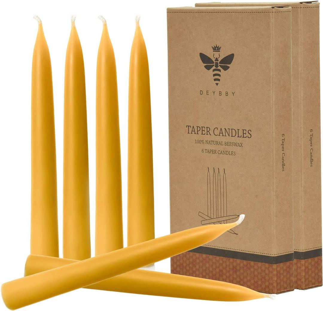 8 inch Natural Beeswax Taper Candles Set of 12, DEYBBY Smokeless and Dripless Beeswax Candles, 8Hrs Burn Time, Nontoxic