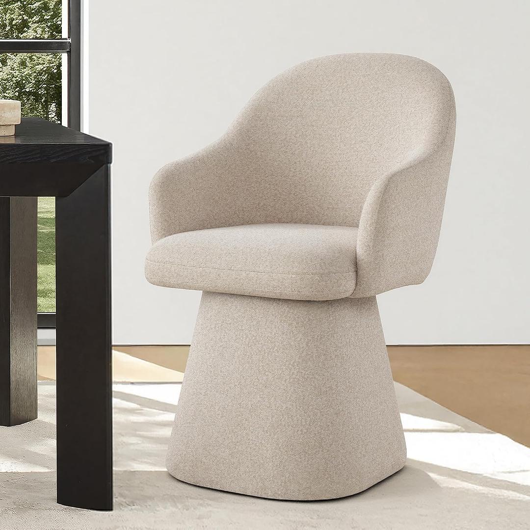 KISLOT Swivel Dining Chairs Set of 1, Upholstered Modern Barrel Dining Chairs with 360° Swivel Base, Chenille Velvet Fabric Accent Kitchen Chairs with Arms, Padded Dining Room Chairs, Sand