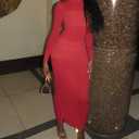 Ekaliy Women's Sexy Mesh Dress Long Sleeve Mock Neck Bodycon Sheer Ruched Maxi Dress Party Cocktail Dresses (Red)