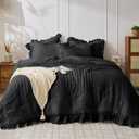 JOLLYVOGUE Black Queen Comforter Set, 3 Pieces Seersucker Comforters Queen Size, Lightweight & Fluffy Bedding Sets Queen for All Season with 1 Ruffle Comforter and 2 Ruffle Pillowshams