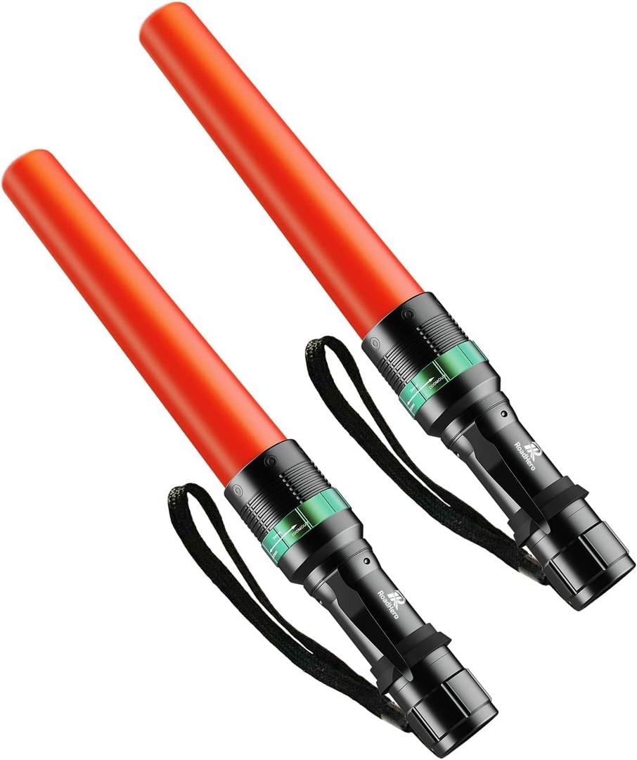 RoadHero 2 Pack Traffic Wand,11 Inch Flashlight Led Traffic Control Baton, Small Orange Safety Wands, Air Marshaling Wand with 5 Flashing Modes, Night Signal Light for Airport, Parking Directing