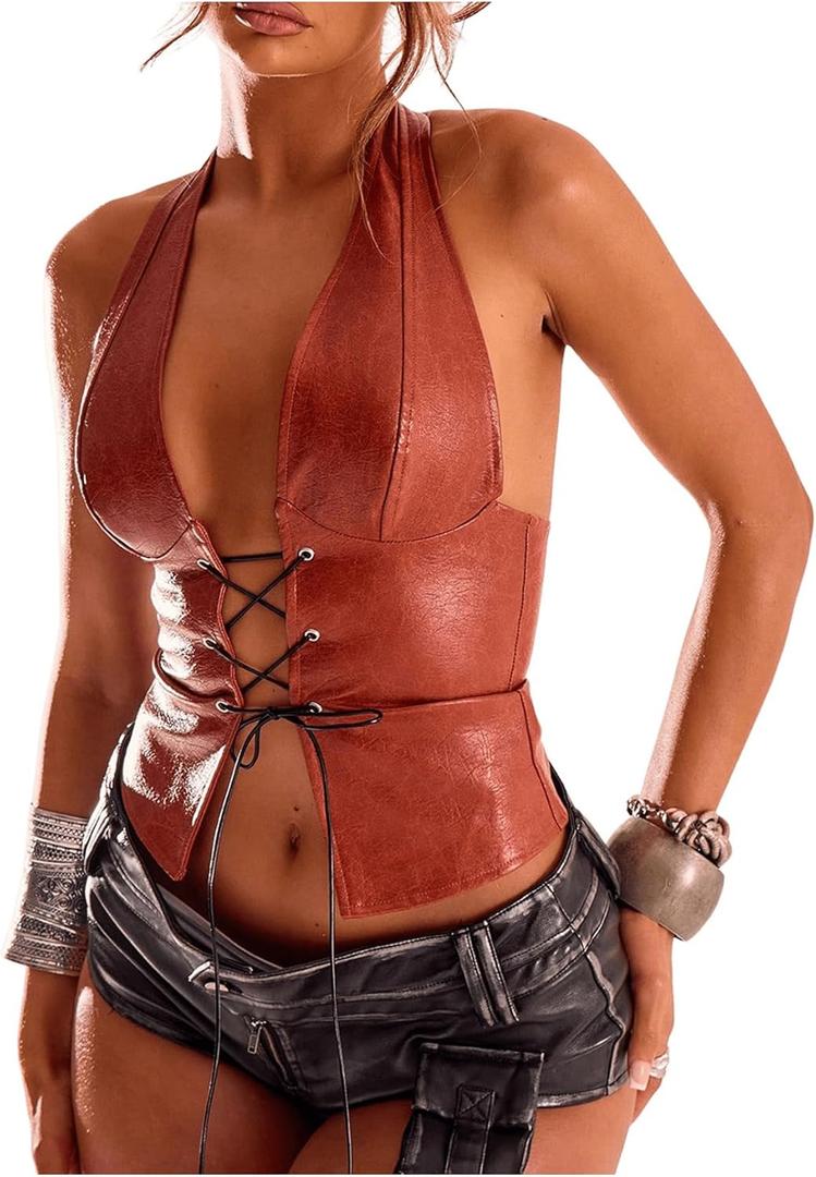 SHENHE Women's PU Leather Lace Up Halter Bustier Top Deep V Backless Sexy Club Rave Crop Top (Medium, Brown)