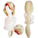 JoneTing 35inch Long Blond Wig for Women+Cap+2 Ribbons+2 Fangs Long Light Blonde and Red Wig for Adult Blond Wig with Bangs and Braids Long Blonde Mix Red Wig for Cosplay Halloween Party Outfit