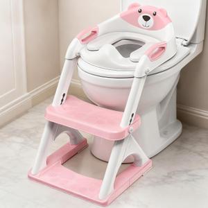 Potty Training Seat with Step Stool Ladder, Toddler Toilet Seat for Boys Girls, Adjustable 6 Heights Fits Round & Elongated Toilets, Anti-Slip Pads & Leak-Proof Guard (8899-Pink)