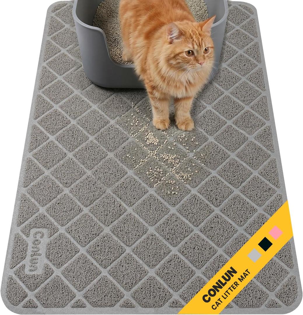 Cat Litter Mat Litter Trapping Mat, 35" x 23" Premium Durable PVC Grid Mesh with Scatter Control, Non-slip, Less Waste Cat Litter Box Mat, Soft on Kittys Paws, Urine Waterproof (Grey)