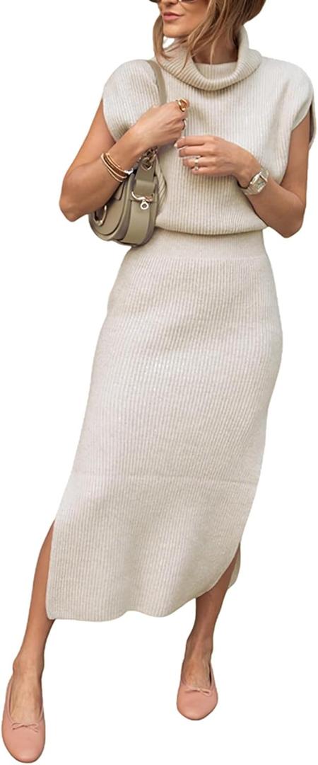 JuJuny Sweater Dress for Women Sleeveless Pullover Sweaters Ribbed Knit Midi Dress with Side Slit Fall Winter Wear (XX-Large, Apricot)