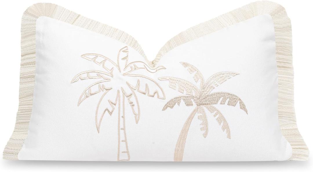 Hofdeco Premium Fall Coastal Patio Indoor Outdoor Lumbar Pillow Cover Only, 12"x20" Water Repellent for Backyard, Couch, Neutral Tan Embroidered Coconut Tree with Fringed Trim